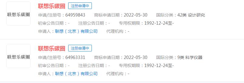 聯(lián)想申請“聯(lián)想樂碳圈”商標(biāo)，目前狀態(tài)顯示申請中