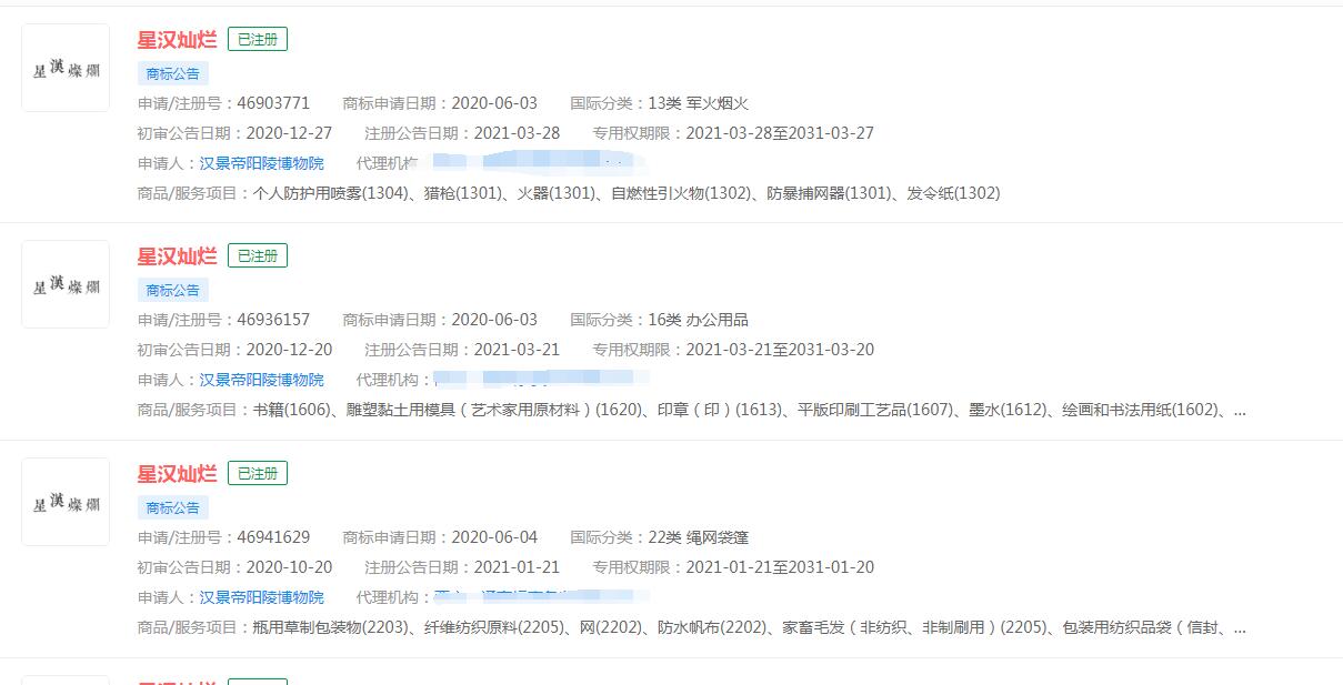 電視劇《星漢燦爛》商標(biāo)已被不同公司注冊，分類涉及眾多